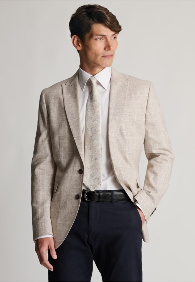 Tailored Fit Skipton Stone Check Cotton Linen Stretch Jacket