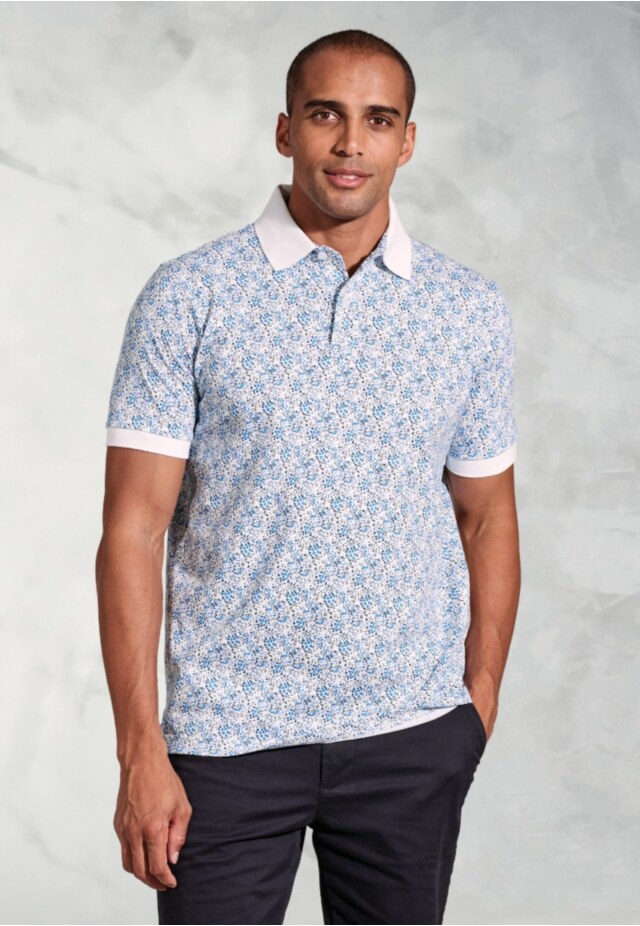 Hiddleston Blue Ditsy Floral Print Polo Shirt