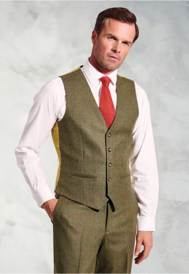 Regular Fit Dalton Olive Check Wool Vest