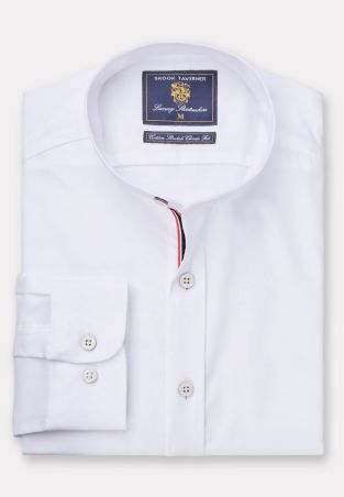 Tailored Fit White Stretch Oxford Cotton Grandad Collar Shirt