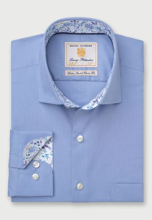 Regular Fit Mid Blue Herringbone Cotton Stretch Shirt