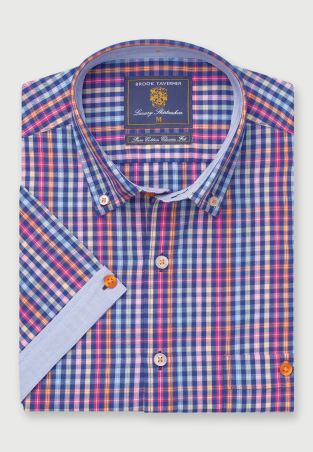Regular Fit Navy Check Cotton Short Sleeve Shirt
