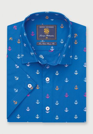 Regular Fit Sea Blue Cotton Short Sleeve Shirt