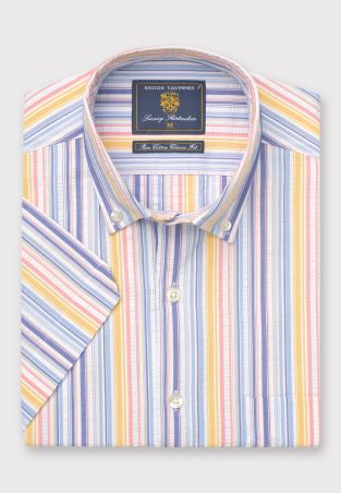 Regular Fit Stripe Seersucker Cotton Short Sleeve Shirt