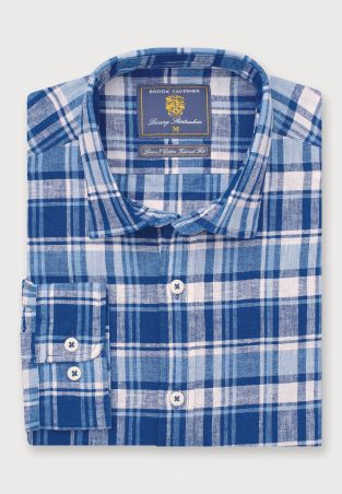 Tailored Fit Indigo Check Linen Cotton Shirt