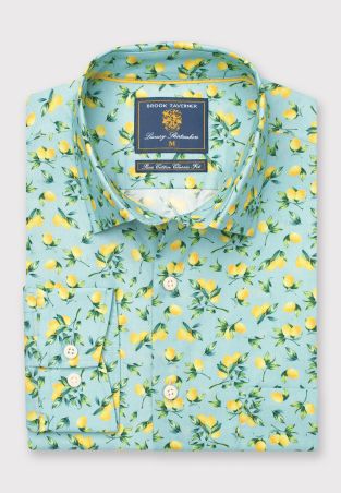Regular Fit Mint Green with Lemons Print Cotton Shirt