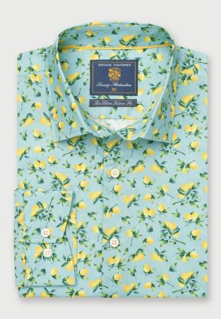 Tailored Fit Mint Green with Lemons Print Cotton Shirt
