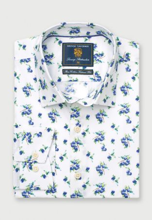 Tailored Fit White with Plums Print Cotton Shirt