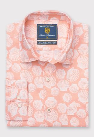 Regular Fit Apricot with Clams Print Linen Cotton Shirt