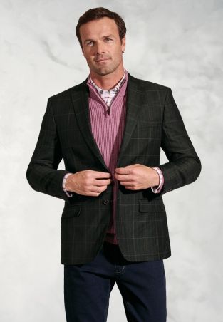 Regular Fit Bale Olive Check Wool Linen Jacket - British Fabric