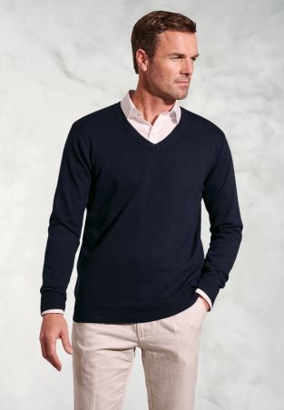 Berlin Navy Cotton Merino V-Neck Jumper