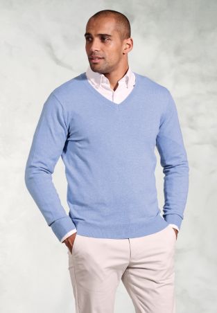 Berlin Sky Blue Cotton Merino V-Neck Jumper