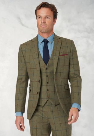 Tailored Fit Haincliffe Green Check Wool Suit - Vest Optional