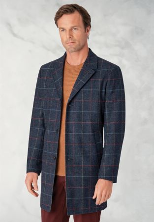 Haincliffe Blue Overcheck Tweed Wool Overcoat