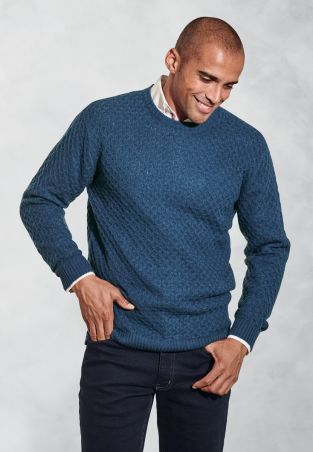 Lune Blue Lambswool Lattice Stitch Crew Neck Jumper