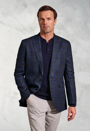 Tailored Fit Pacino Navy Check Pure Linen Peak Lapel Jacket