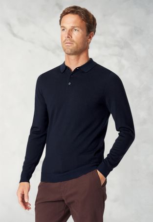 Plockton Navy Merino Wool Long Sleeve Polo Shirt