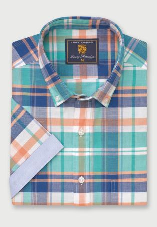 Regular Fit Mint Check Slub Cotton Short Sleeve Shirts