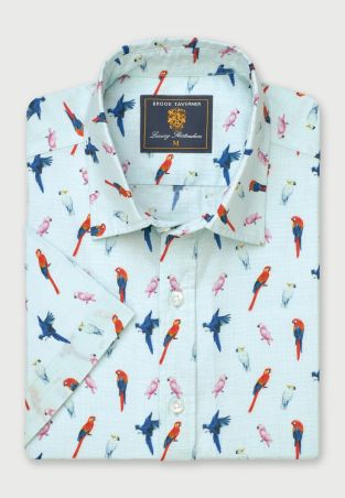 Regular Fit Mint Parrot Print Short Sleeve Shirt