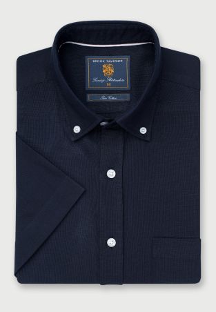 Regular Fit Navy Oxford Cotton Short Sleeve Shirt