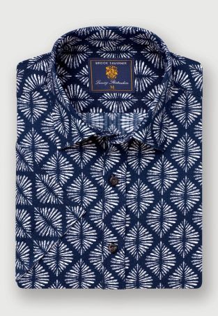 Regular Fit Navy Geometric Print Seersucker Short Sleeve Shirt