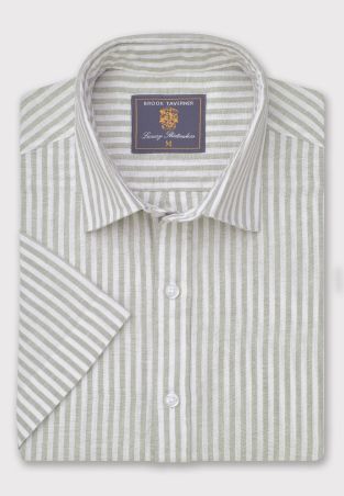 Regular Fit Khaki Stripe Pure Linen Short Sleeve Shirt
