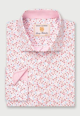 Tailored Fit Pink Ditsy Floral Print Stretch Cotton Shirt