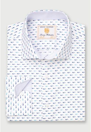 Regular Fit Turquoise Tiny Fish Print Stretch Cotton Shirt