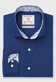 Tailored Fit Navy Herringbone Stretch Cotton Shirt - 35" Sleeve