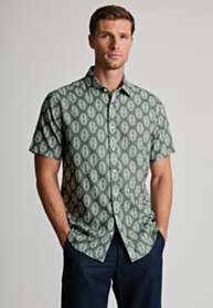 Regular Fit Khaki Geometric Print Seersucker Short Sleeve Shirt