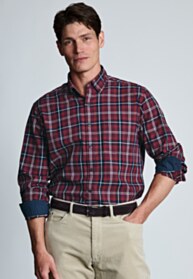 Regular Fit Red Herringbone Tonal Check Cotton Shirt