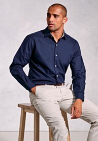 Regular Fit Navy Herringbone Stretch Cotton Shirt