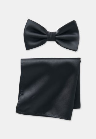 Black Satin Bow Tie & Hanky Set