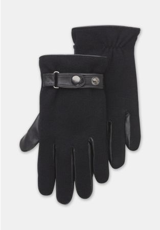 Black Knitted Glove with Leather Thumb and Trim