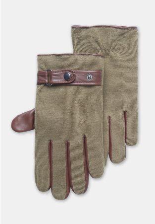 Tan Knitted Glove with Leather Thumb and Trim