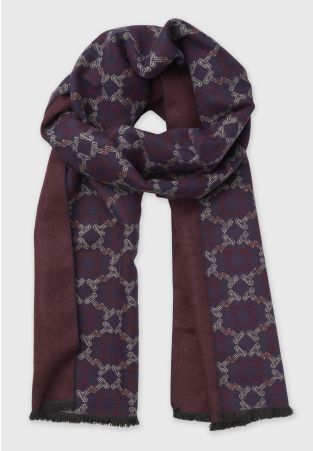 Burgundy and Navy Plain and Geometric Pattern Double Faced Scarf