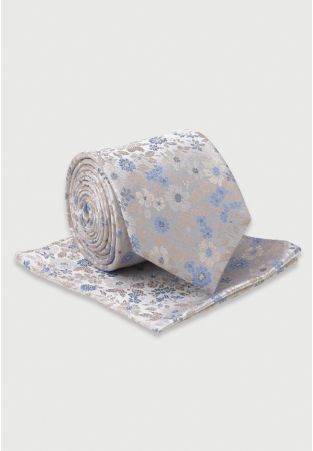 Champagne Subtle Floral Silk Tie & Hanky Set