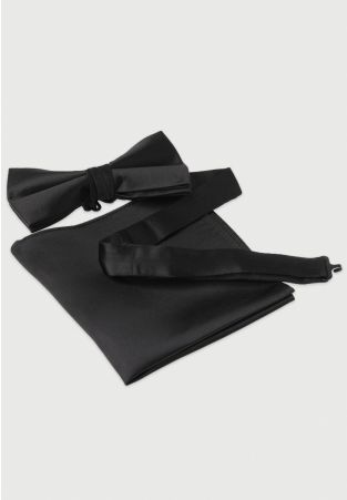 Black Plain Silk Bow Tie & Hanky Set