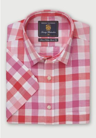 Regular Fit Raspberry Check Short Sleeve Linen Cotton Shirt