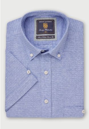 Regular Fit Sky Blue Dobby Short Sleeve Cotton Linen Shirt