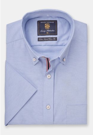 Regular Fit Blue Stretch Oxford Cotton Short Sleeve Shirt