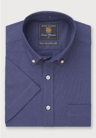 Regular Fit Dark Blue Stretch Oxford Cotton Short Sleeve Shirt