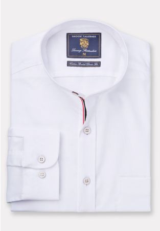 Regular Fit White Stretch Oxford Cotton Grandad Collar Shirt