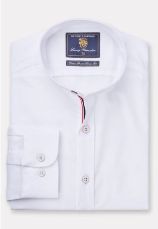 Tailored Fit White Stretch Oxford Cotton Grandad Collar Shirt