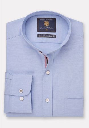 Regular Fit Blue Stretch Oxford Cotton Grandad Collar Shirt
