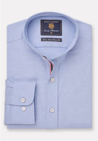 Tailored Fit Blue Stretch Oxford Cotton Grandad Collar Shirt