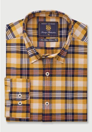 Tailored Fit Gold, Navy and Ginger Check Washed Oxford Cotton Shirt