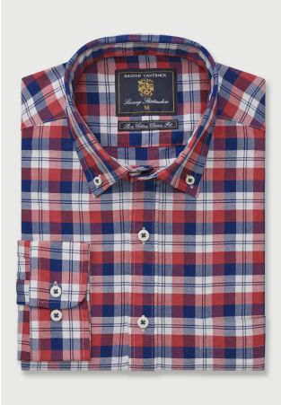 Tailored Fit Red, Blue and White Check Washed Oxford Cotton Shirt