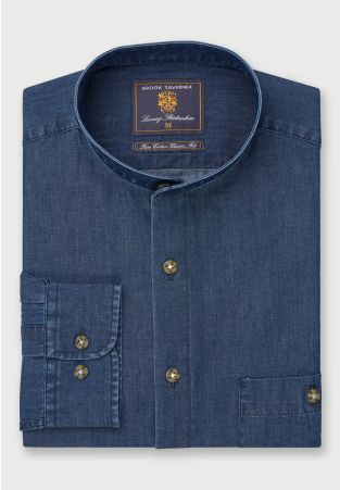 Regular Fit Navy Chambray Grandad Collar Cotton Shirt