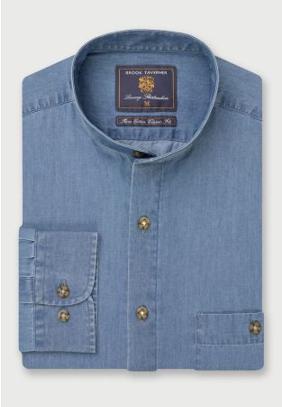 Regular Fit Light Blue Chambray Grandad Collar Cotton Shirt